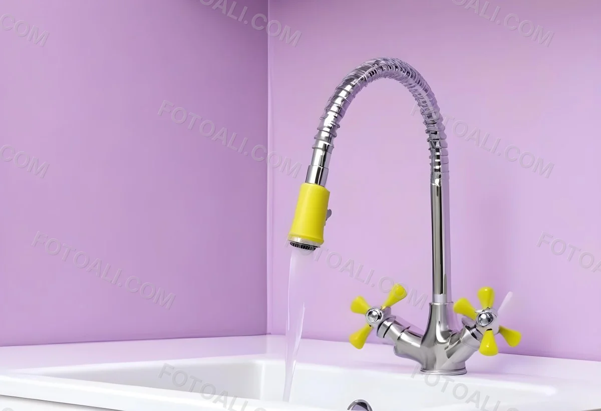 A Silver Faucet With White Handles Over A Yellow Sink In A Yellow Bathroom The Faucet Is Flexible And Has A Modern Design 11 2ad9