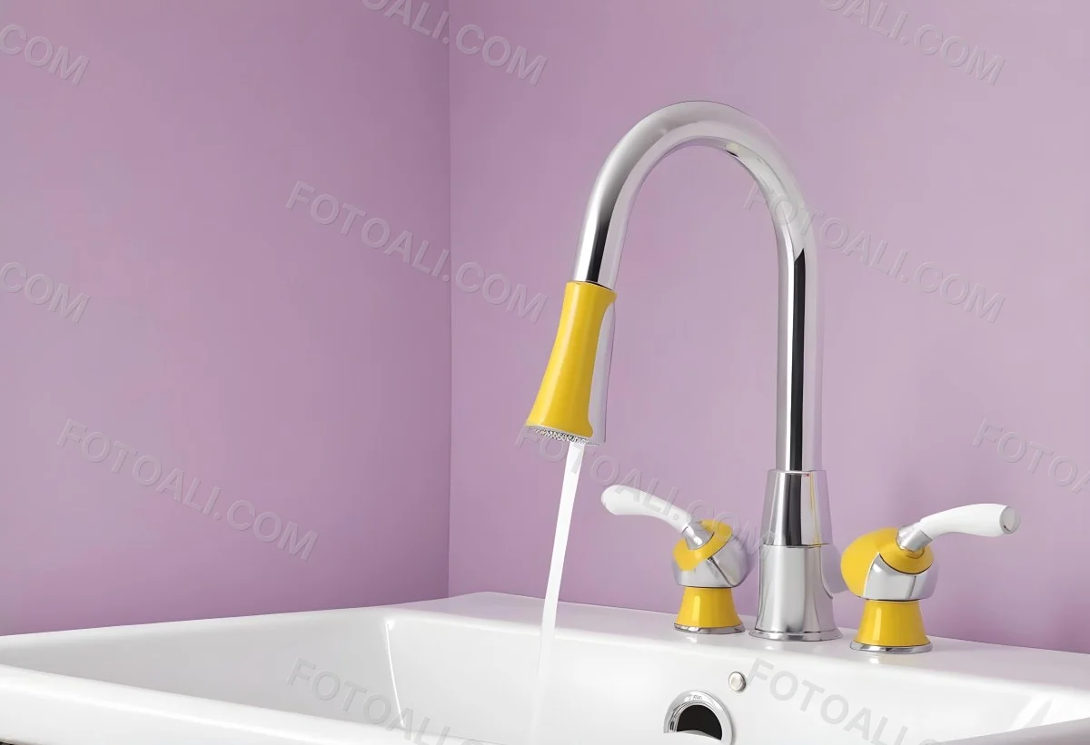 A Silver Faucet With White Handles Over A Yellow Sink In A Yellow Bathroom The Faucet Is Flexible And Has A Modern Design 13 Bf80
