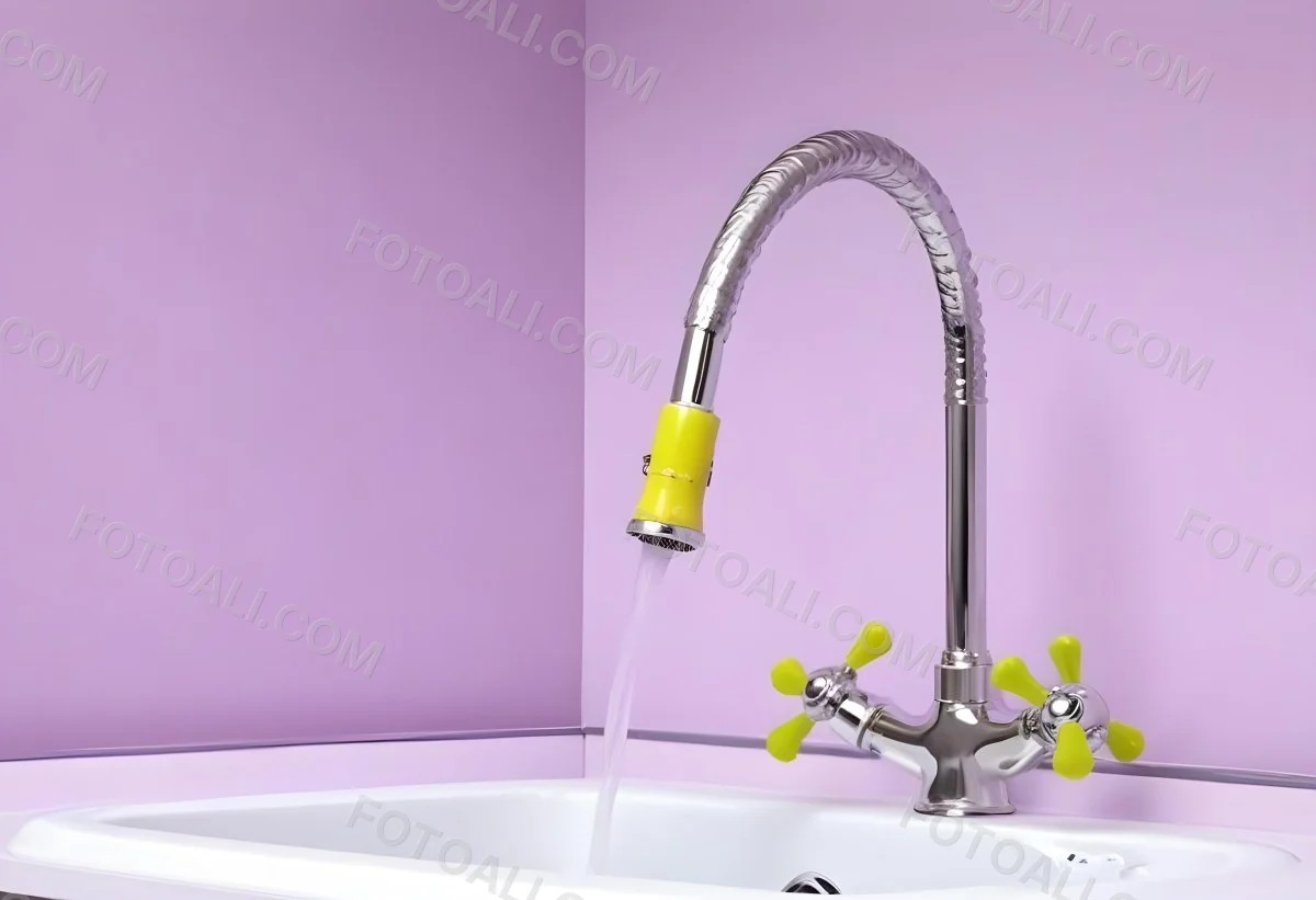 A Silver Faucet With White Handles Over A Yellow Sink In A Yellow Bathroom The Faucet Is Flexible And Has A Modern Design 14 049c