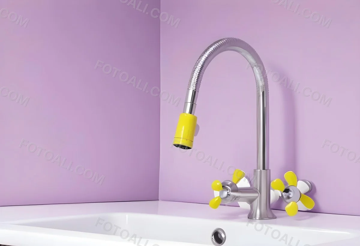 A Silver Faucet With White Handles Over A Yellow Sink In A Yellow Bathroom The Faucet Is Flexible And Has A Modern Design 15 A0f9