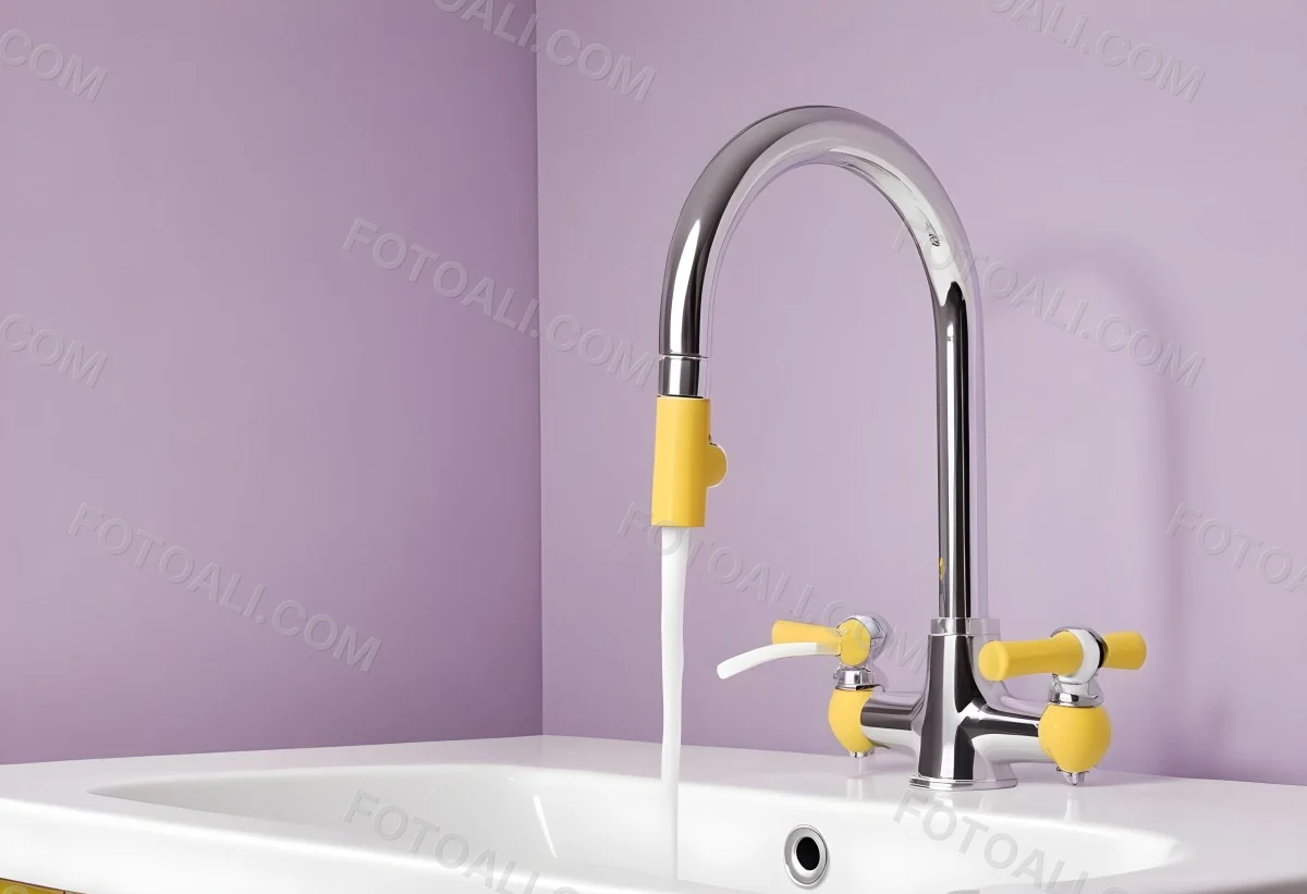 A Silver Faucet With White Handles Over A Yellow Sink In A Yellow Bathroom The Faucet Is Flexible And Has A Modern Design 3 4342