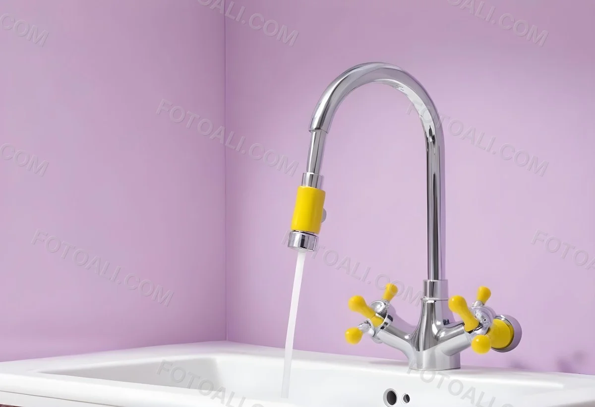 A Silver Faucet With White Handles Over A Yellow Sink In A Yellow Bathroom The Faucet Is Flexible And Has A Modern Design 4 Bb3a
