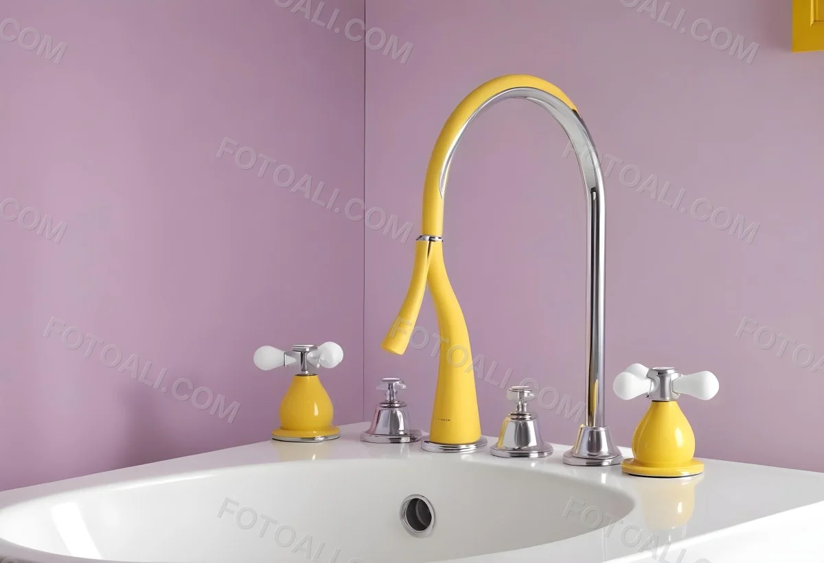 A Silver Faucet With White Handles Over A Yellow Sink In A Yellow Bathroom The Faucet Is Flexible And Has A Modern Design 5 8d49