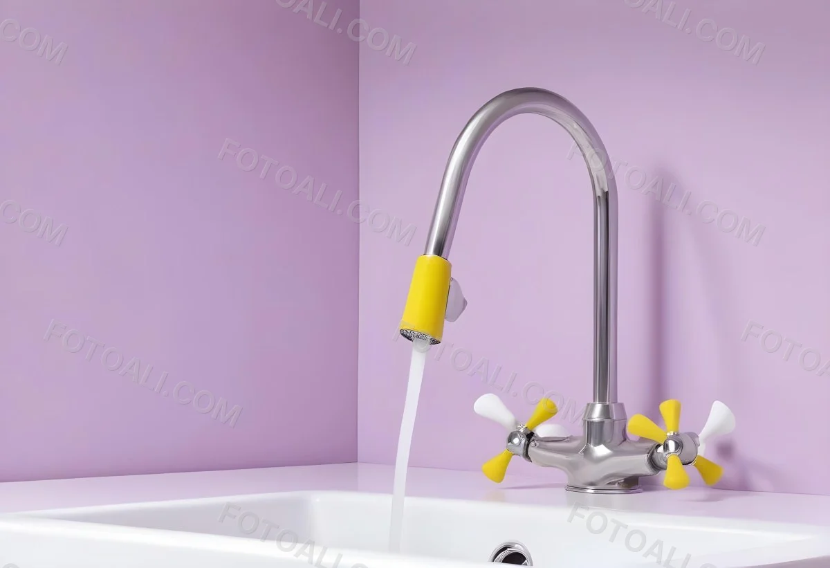A Silver Faucet With White Handles Over A Yellow Sink In A Yellow Bathroom The Faucet Is Flexible And Has A Modern Design 6 6f4e