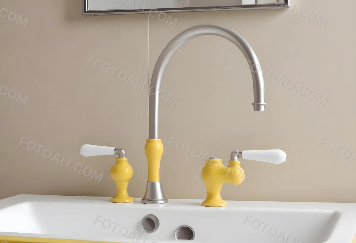 A Silver Faucet With White Handles Over A Yellow Sink In A Yellow Bathroom The Faucet Is Flexible And Has A Modern Design 7 86dc