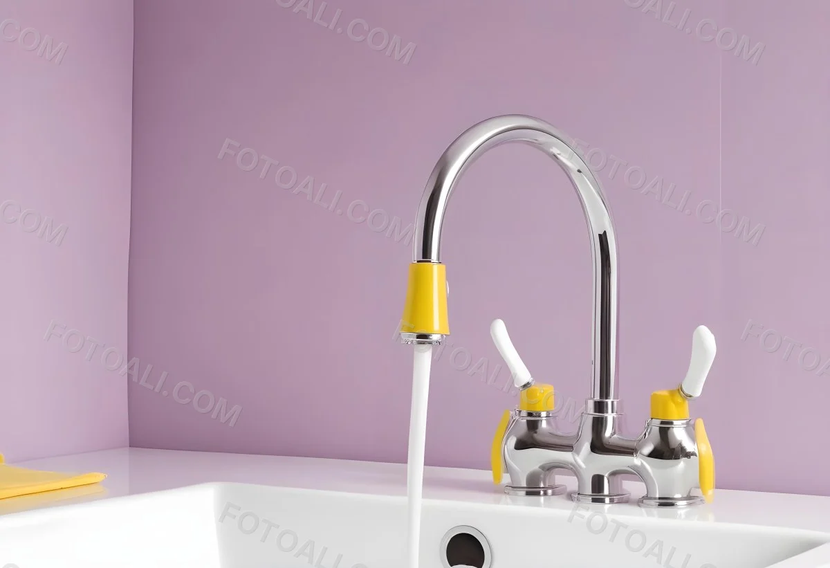 A Silver Faucet With White Handles Over A Yellow Sink In A Yellow Bathroom The Faucet Is Flexible And Has A Modern Design 9 6339