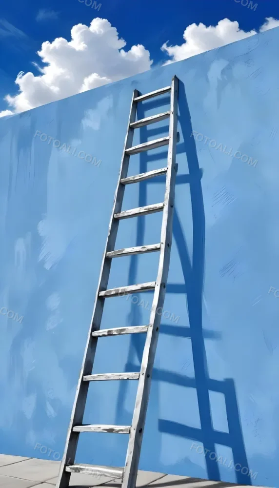 A Silver Ladder Leaning Against A Blue Wall Under A Blue Sky With Some Clouds The Ladder Is Casting A Shadow On The Wall 1 923f