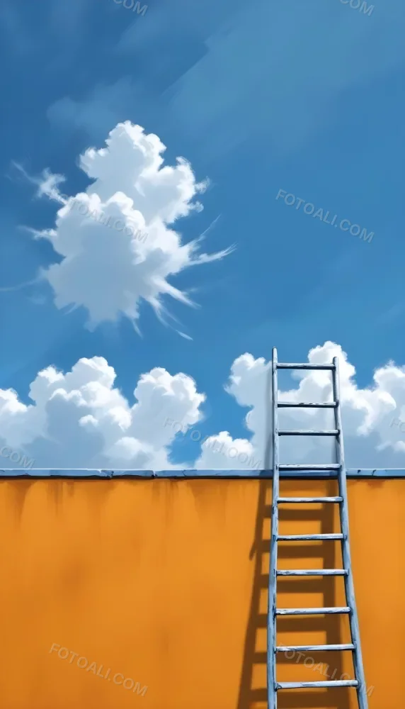 A Silver Ladder Leaning Against A Blue Wall Under A Blue Sky With Some Clouds The Ladder Is Casting A Shadow On The Wall 11 0626