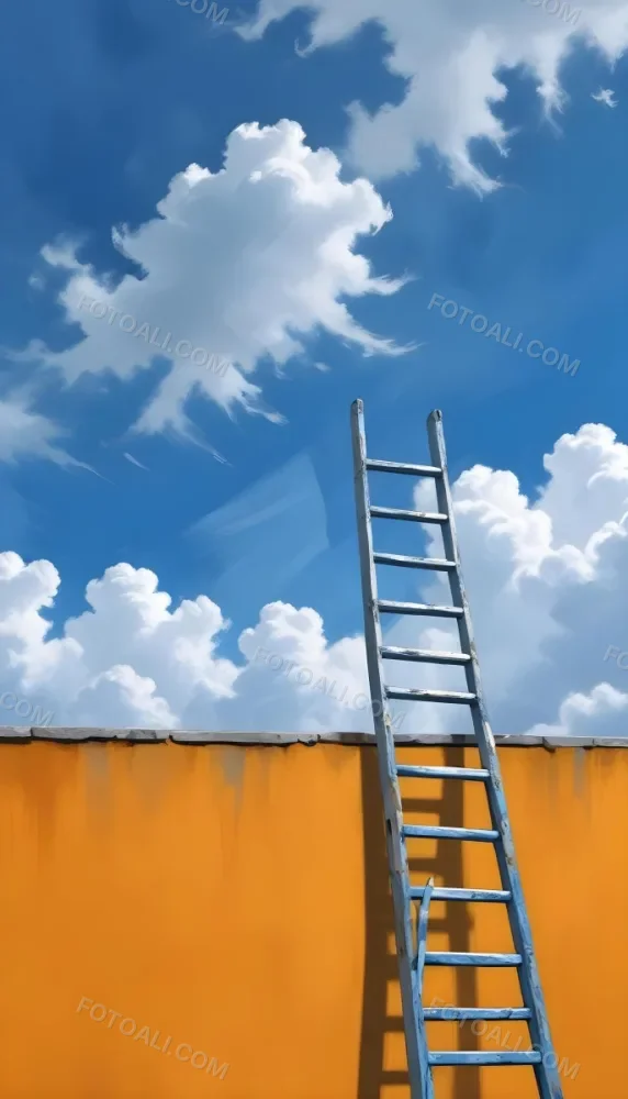 A Silver Ladder Leaning Against A Blue Wall Under A Blue Sky With Some Clouds The Ladder Is Casting A Shadow On The Wall 13 24e6