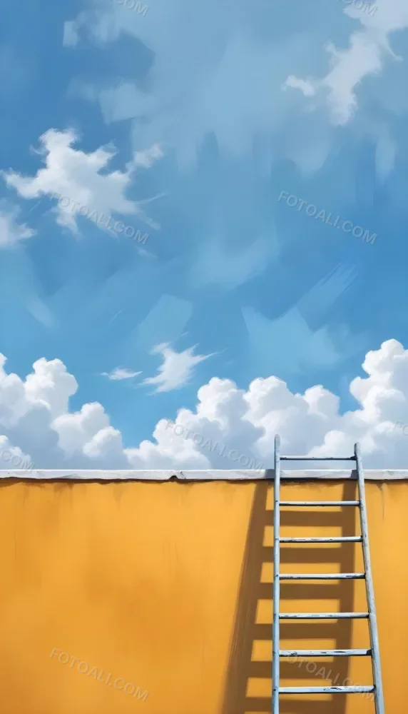 A Silver Ladder Leaning Against A Blue Wall Under A Blue Sky With Some Clouds The Ladder Is Casting A Shadow On The Wall 17 3642