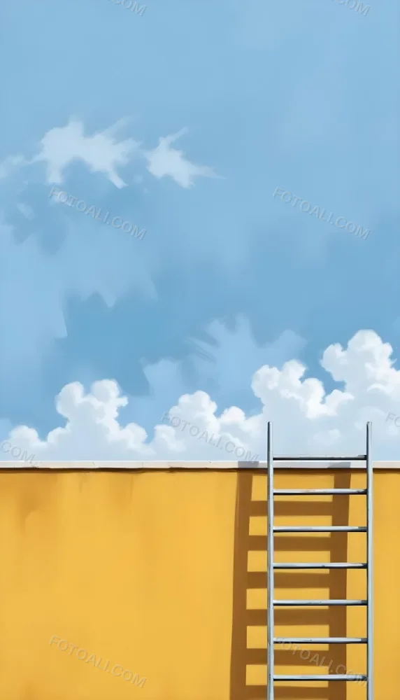 A Silver Ladder Leaning Against A Blue Wall Under A Blue Sky With Some Clouds The Ladder Is Casting A Shadow On The Wall 18 2aac