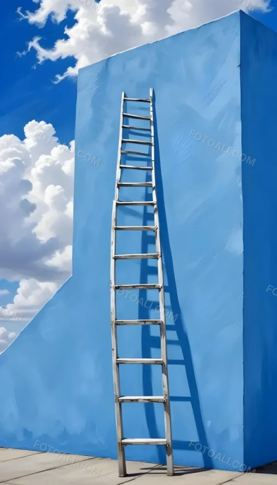 A Silver Ladder Leaning Against A Blue Wall Under A Blue Sky With Some Clouds The Ladder Is Casting A Shadow On The Wall 2 Bd70