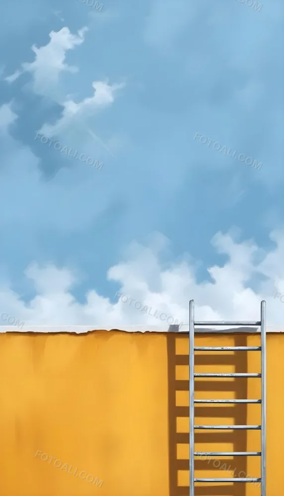 A Silver Ladder Leaning Against A Blue Wall Under A Blue Sky With Some Clouds The Ladder Is Casting A Shadow On The Wall 20 7099