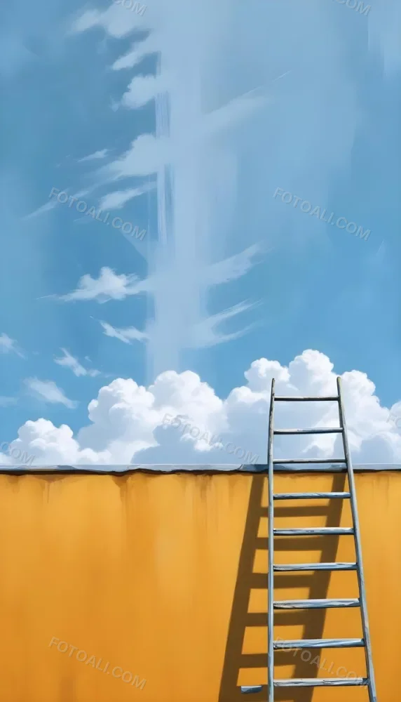 A Silver Ladder Leaning Against A Blue Wall Under A Blue Sky With Some Clouds The Ladder Is Casting A Shadow On The Wall 21 F6e3