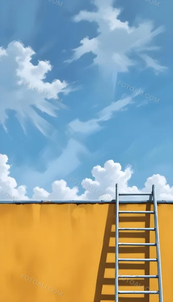 A Silver Ladder Leaning Against A Blue Wall Under A Blue Sky With Some Clouds The Ladder Is Casting A Shadow On The Wall 22 3eb4