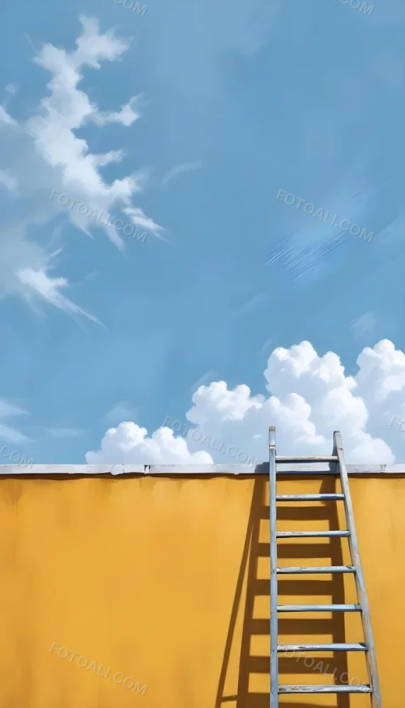 A Silver Ladder Leaning Against A Blue Wall Under A Blue Sky With Some Clouds The Ladder Is Casting A Shadow On The Wall 4 2e83