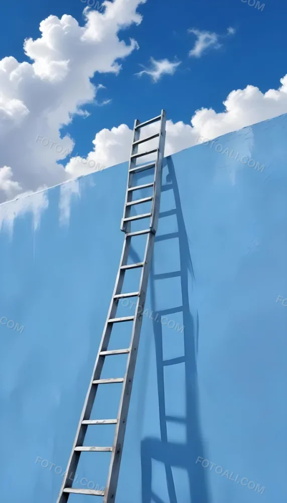 A Silver Ladder Leaning Against A Blue Wall Under A Blue Sky With Some Clouds The Ladder Is Casting A Shadow On The Wall 6 4d27