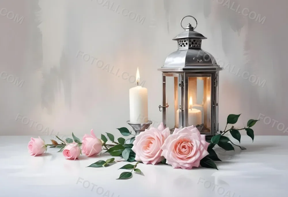 A Silver Lantern With A Candle Inside Surrounded By Pink And White Roses And Green Leaves On A White Surface With A Blurred Background 11 54f6