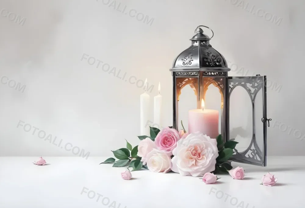 A Silver Lantern With A Candle Inside Surrounded By Pink And White Roses And Green Leaves On A White Surface With A Blurred Background 13 F4fe