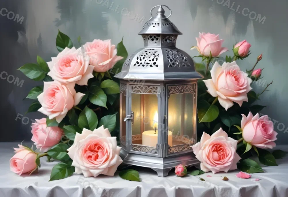 A Silver Lantern With A Candle Inside Surrounded By Pink And White Roses And Green Leaves On A White Surface With A Blurred Background 14 0a1d