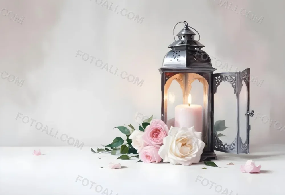 A Silver Lantern With A Candle Inside Surrounded By Pink And White Roses And Green Leaves On A White Surface With A Blurred Background 15 Ce5c