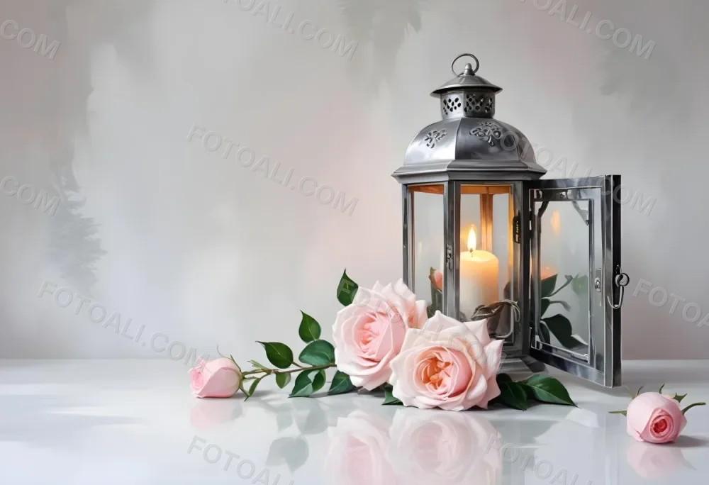 A Silver Lantern With A Candle Inside Surrounded By Pink And White Roses And Green Leaves On A White Surface With A Blurred Background 17 E880
