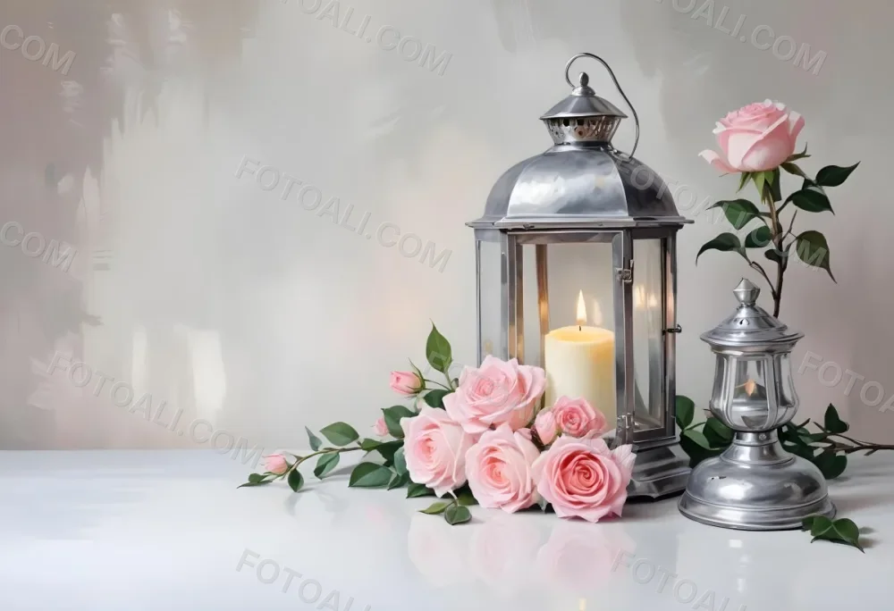 A Silver Lantern With A Candle Inside Surrounded By Pink And White Roses And Green Leaves On A White Surface With A Blurred Background 2 B12a
