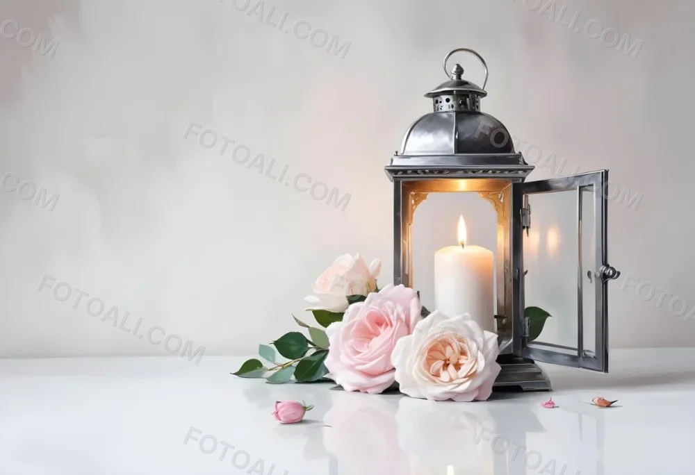 A Silver Lantern With A Candle Inside Surrounded By Pink And White Roses And Green Leaves On A White Surface With A Blurred Background 20 6d4c