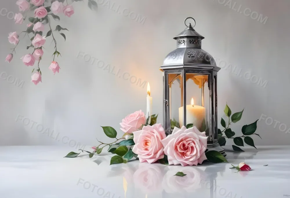 A Silver Lantern With A Candle Inside Surrounded By Pink And White Roses And Green Leaves On A White Surface With A Blurred Background 4 Ac77