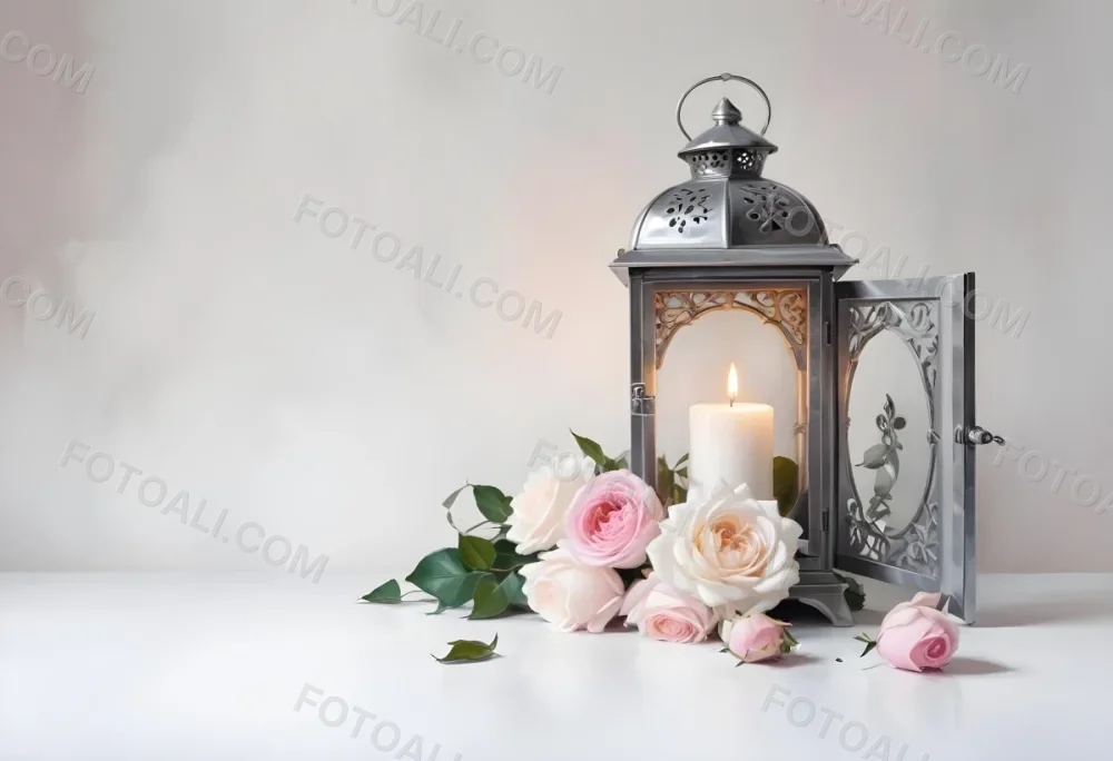A Silver Lantern With A Candle Inside Surrounded By Pink And White Roses And Green Leaves On A White Surface With A Blurred Background 5 Daf6