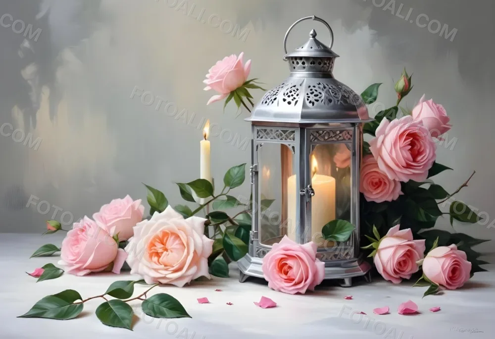 A Silver Lantern With A Candle Inside Surrounded By Pink And White Roses And Green Leaves On A White Surface With A Blurred Background 8 F76e