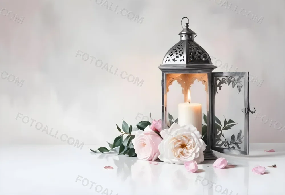 A Silver Lantern With A Candle Inside Surrounded By Pink And White Roses And Green Leaves On A White Surface With A Blurred Background 9 483f