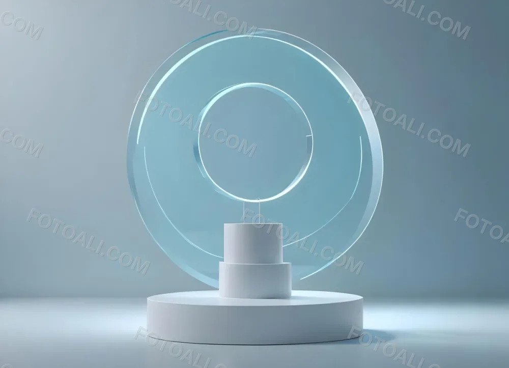 A Silver Podium With A Glass Circle Behind It Light Blue Background Minimalist Design Soft Lighting Clean And Modern Aesthetic Product Display Elegant Presentation 22 40d5
