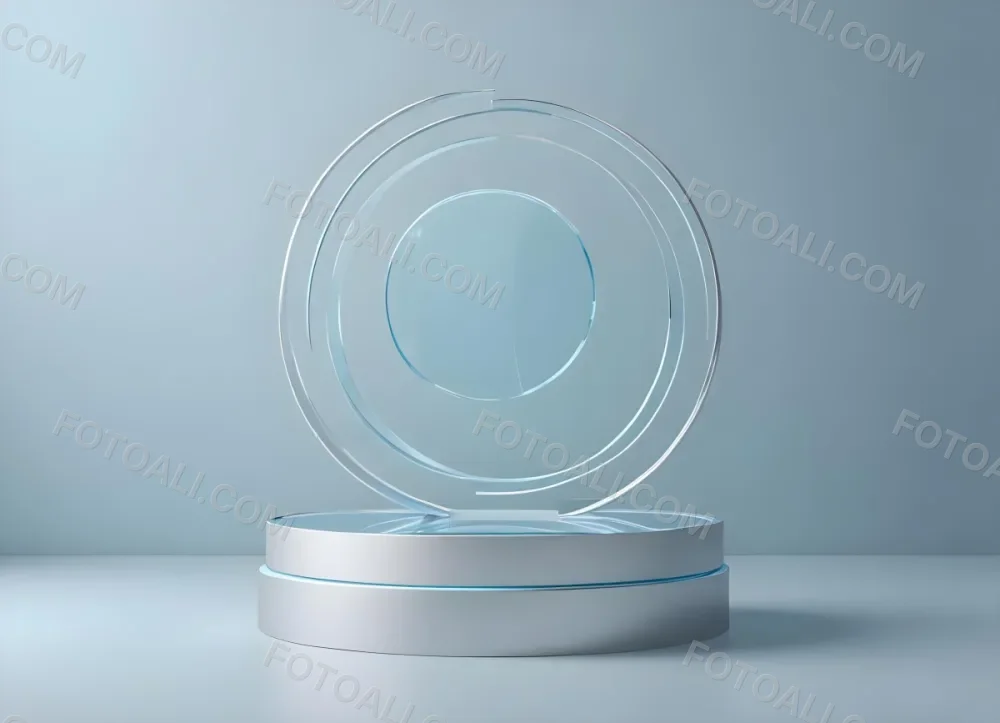 A Silver Podium With A Glass Circle Behind It Light Blue Background Minimalist Design Soft Lighting Clean And Modern Aesthetic Product Display Elegant Presentation 23 6fe7