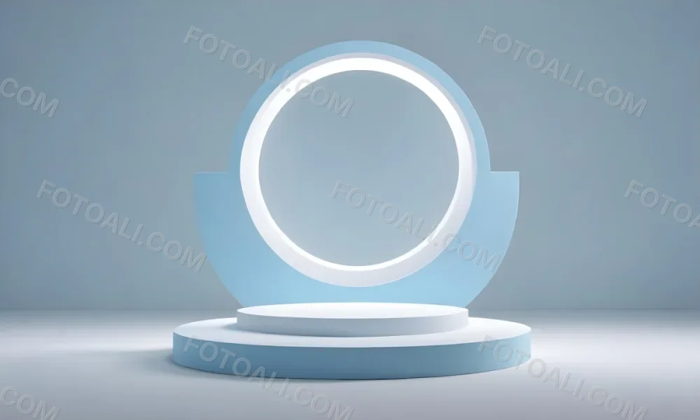 A Silver Podium With A Glass Circle Behind It Light Blue Background Minimalist Design Soft Lighting Clean And Modern Aesthetic Product Display Elegant Presentation 35 0762