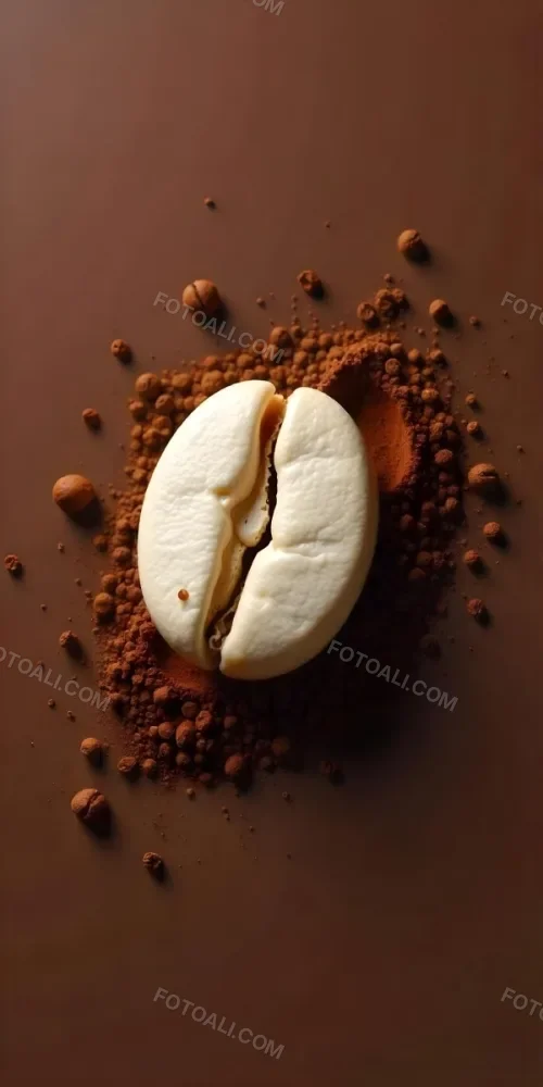 A Single Coffee Bean With A White Color Surrounded By Coffee Powder On A Brown Background With Coffee Drops 15 78ef