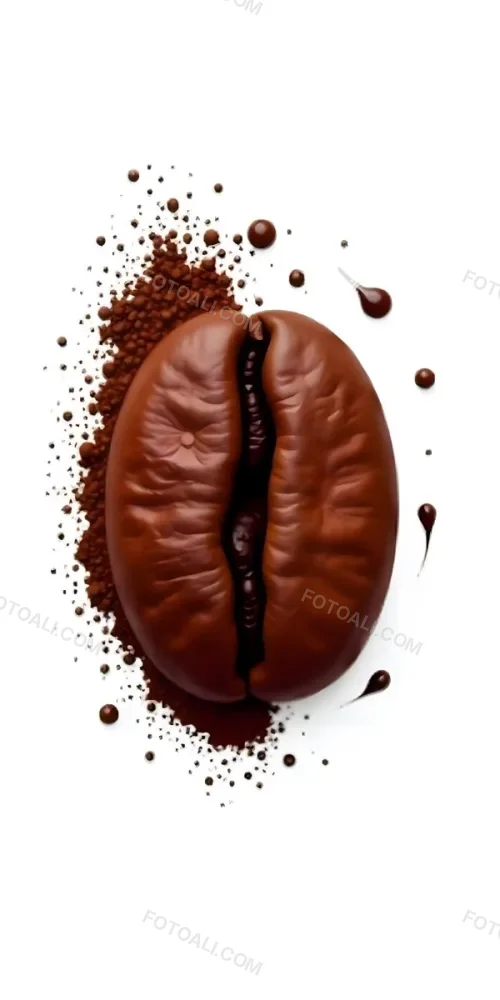 A Single Coffee Bean With A White Color Surrounded By Coffee Powder On A Brown Background With Coffee Drops 30 F303