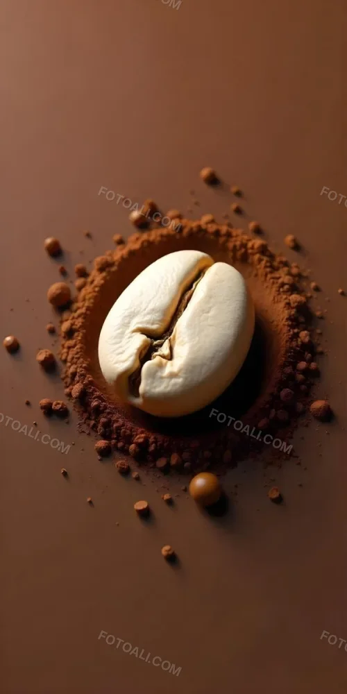 A Single Coffee Bean With A White Color Surrounded By Coffee Powder On A Brown Background With Coffee Drops 8 E6de