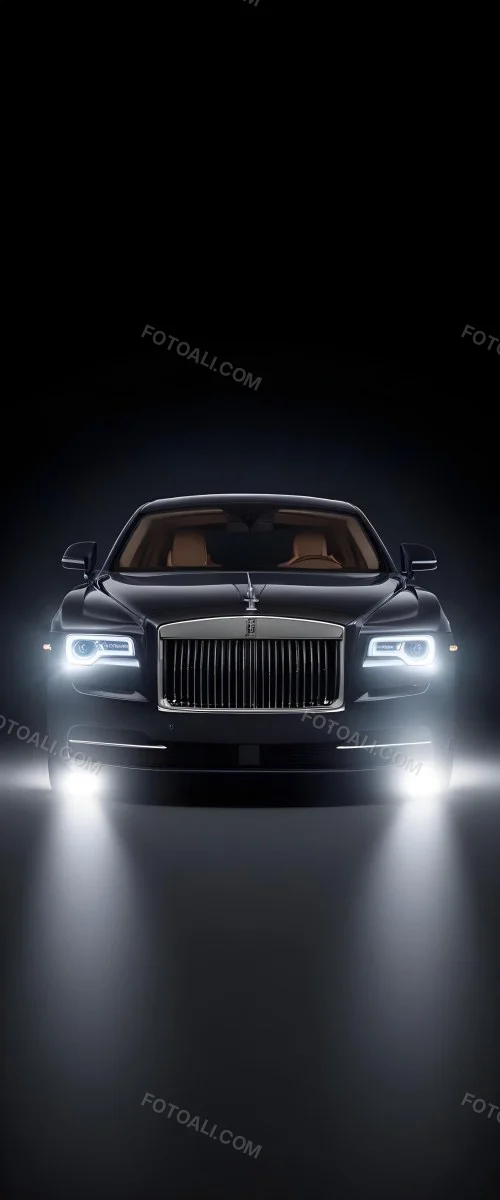 A Sleek Dark Colored Luxury Sedan With A Prominent Grille Featuring The Rolls Royce Logo Illuminated Headlights And A Minimalist Elegant Design 5 1f19