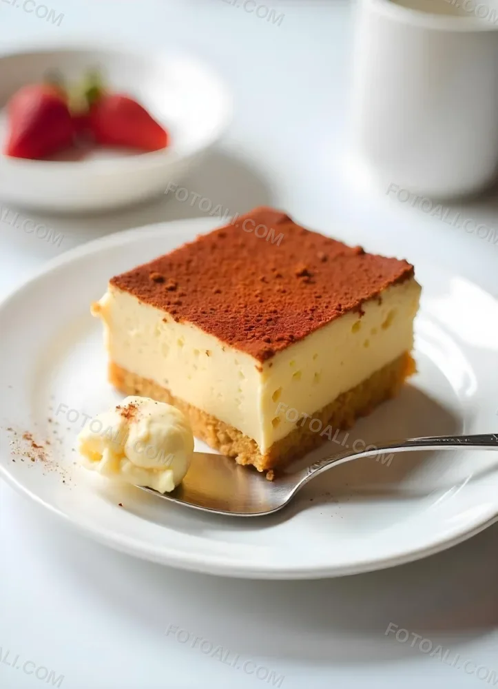 A Slice Of Tiramisu On A White Plate With A Spoon The Background Is A White Table 15 Eb52