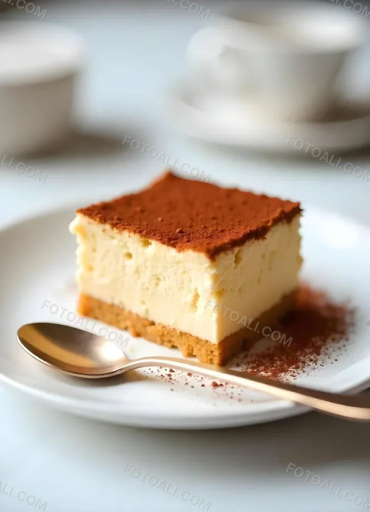 A Slice Of Tiramisu On A White Plate With A Spoon The Background Is A White Table 18 E04c
