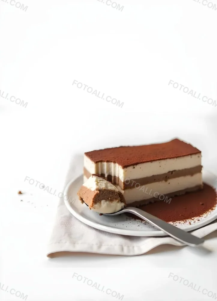 A Slice Of Tiramisu On A White Plate With A Spoon The Background Is A White Table 2 B7b4