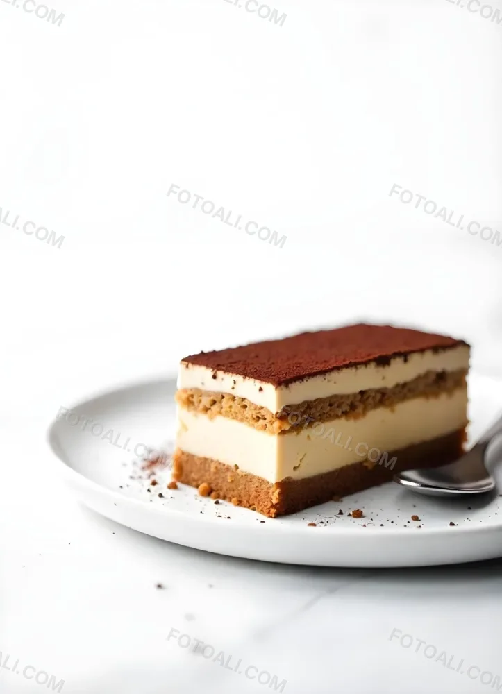 A Slice Of Tiramisu On A White Plate With A Spoon The Background Is A White Table 23 64e8