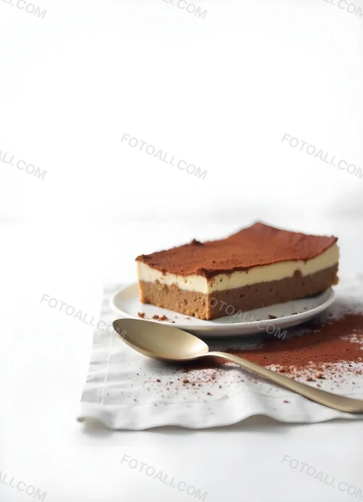 A Slice Of Tiramisu On A White Plate With A Spoon The Background Is A White Table 24 858b