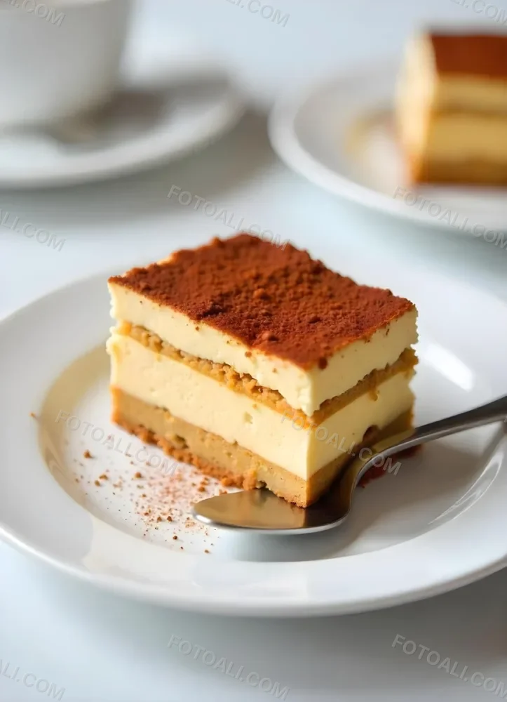 A Slice Of Tiramisu On A White Plate With A Spoon The Background Is A White Table 3 19a9