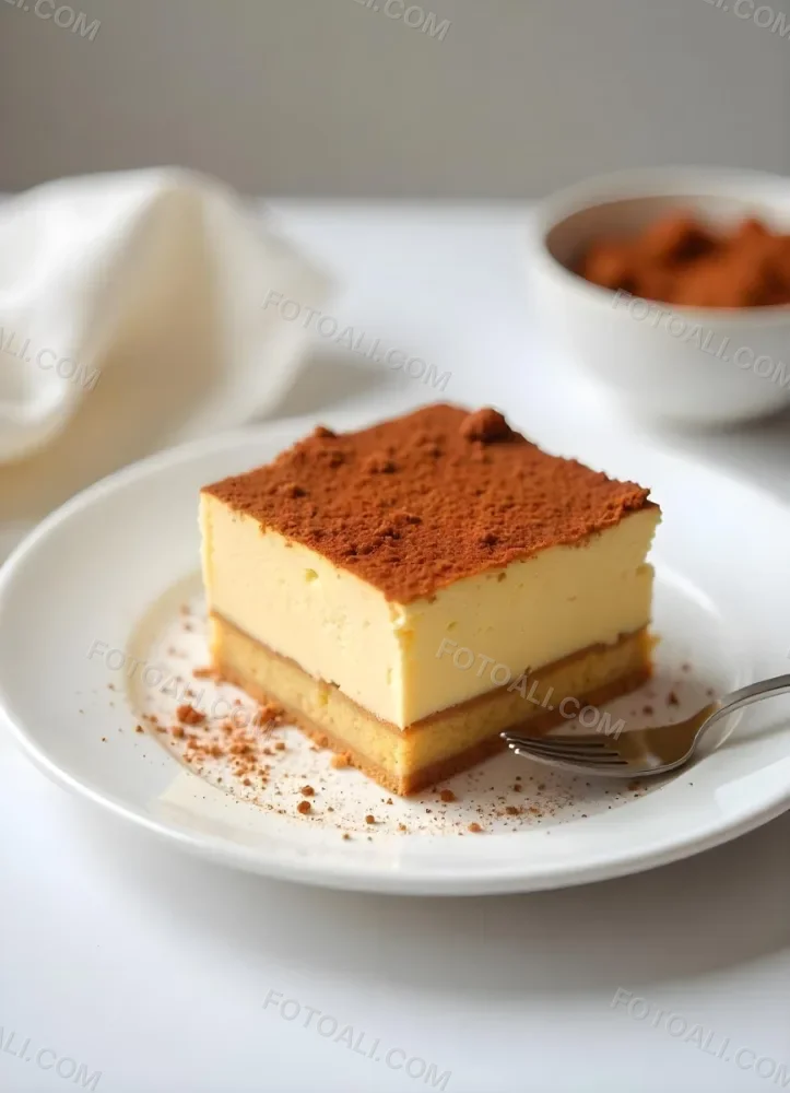 A Slice Of Tiramisu On A White Plate With A Spoon The Background Is A White Table 9 62ac