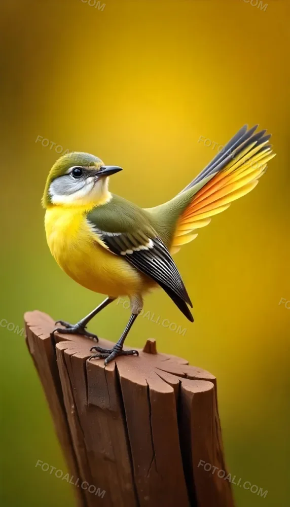 A Small Bird With Orange Plumage And A Green Head Perched On A Weathered Tree Stump Tail Feathers With Yellow Tips Soft Yellow And Green Background 31 4bff