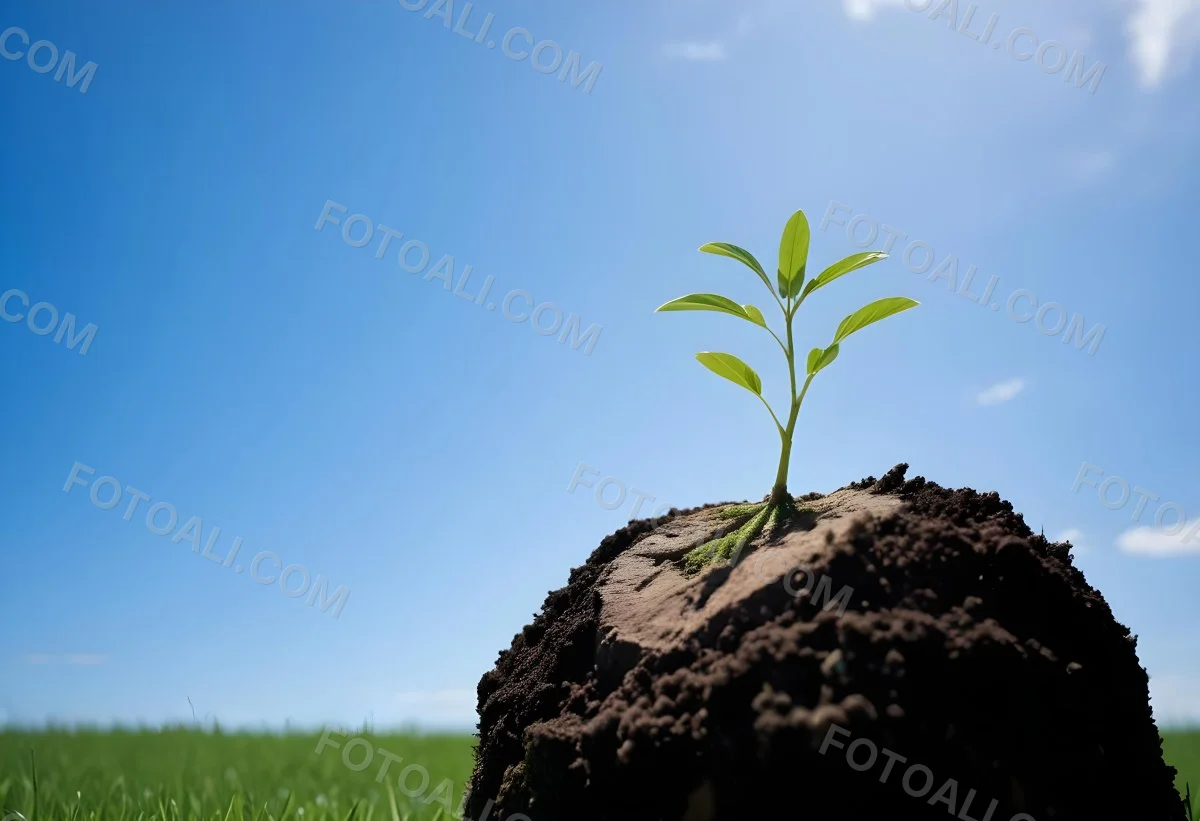 A Small Green Plant Growing On Top Of The Earth With A Blue Sky And Green Grass In The Background 11 Aa73