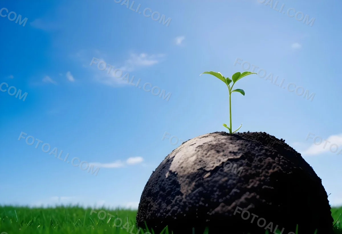 A Small Green Plant Growing On Top Of The Earth With A Blue Sky And Green Grass In The Background 14 1eee