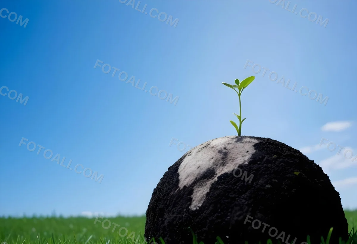 A Small Green Plant Growing On Top Of The Earth With A Blue Sky And Green Grass In The Background 19 55d7